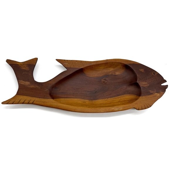 Vintage Mid Century Modern Wood Bowl Wood Inlet Eye 60s MCM Fish - Picture 1 of 5